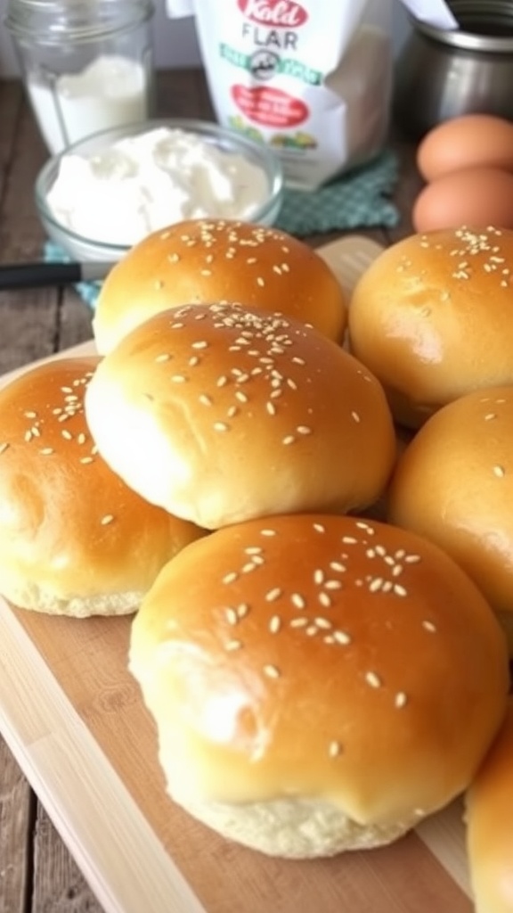 Golden homemade burger buns on a wooden board, ready for burgers.